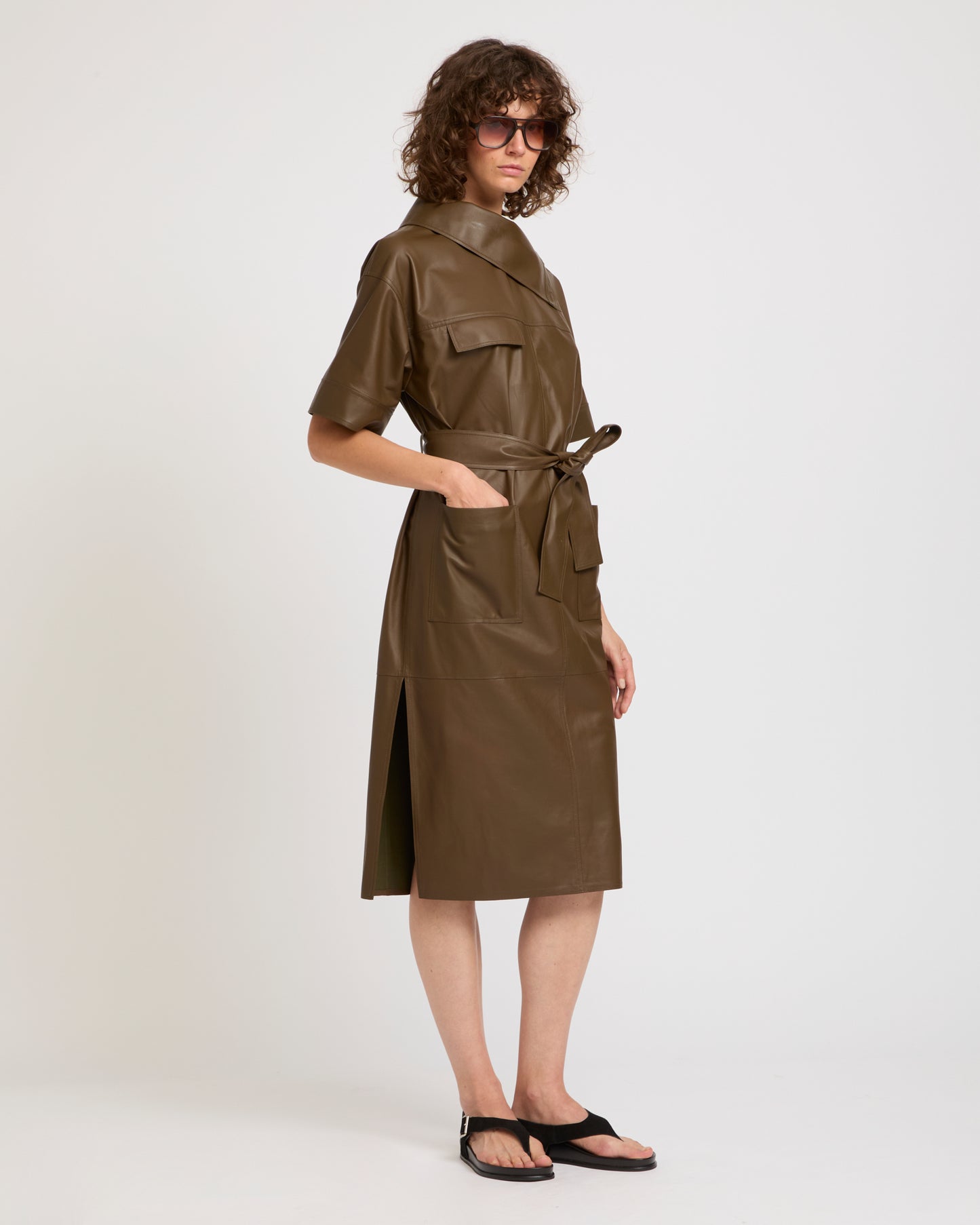 Belted dress with asymmetric leather collar