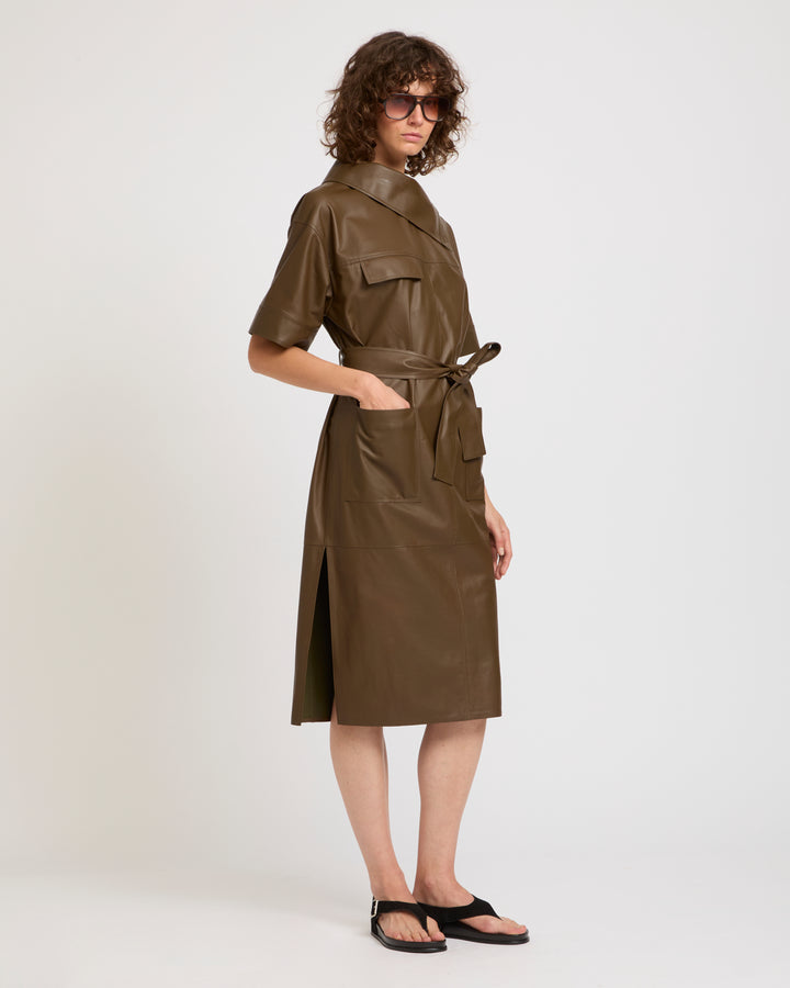 Belted dress with asymmetric leather collar