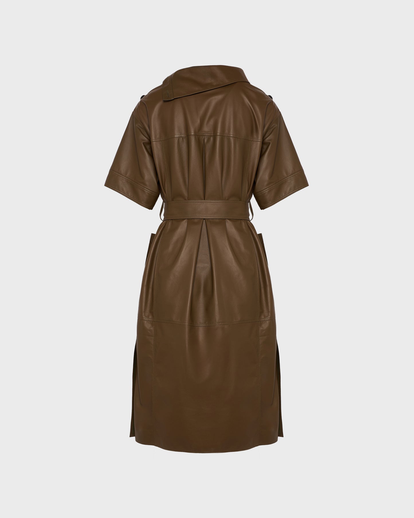 Belted dress with asymmetric leather collar