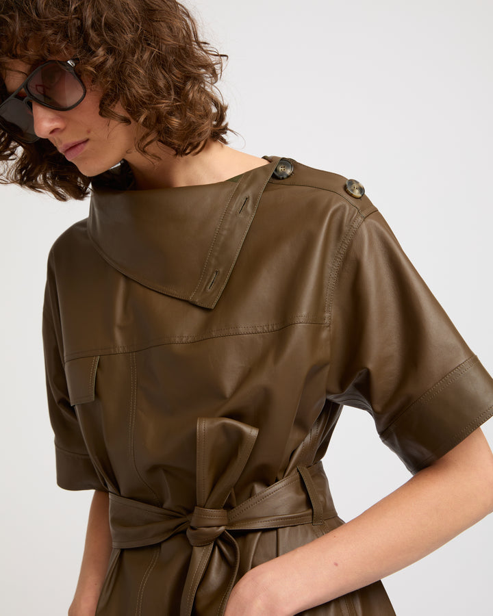 Belted dress with asymmetric leather collar