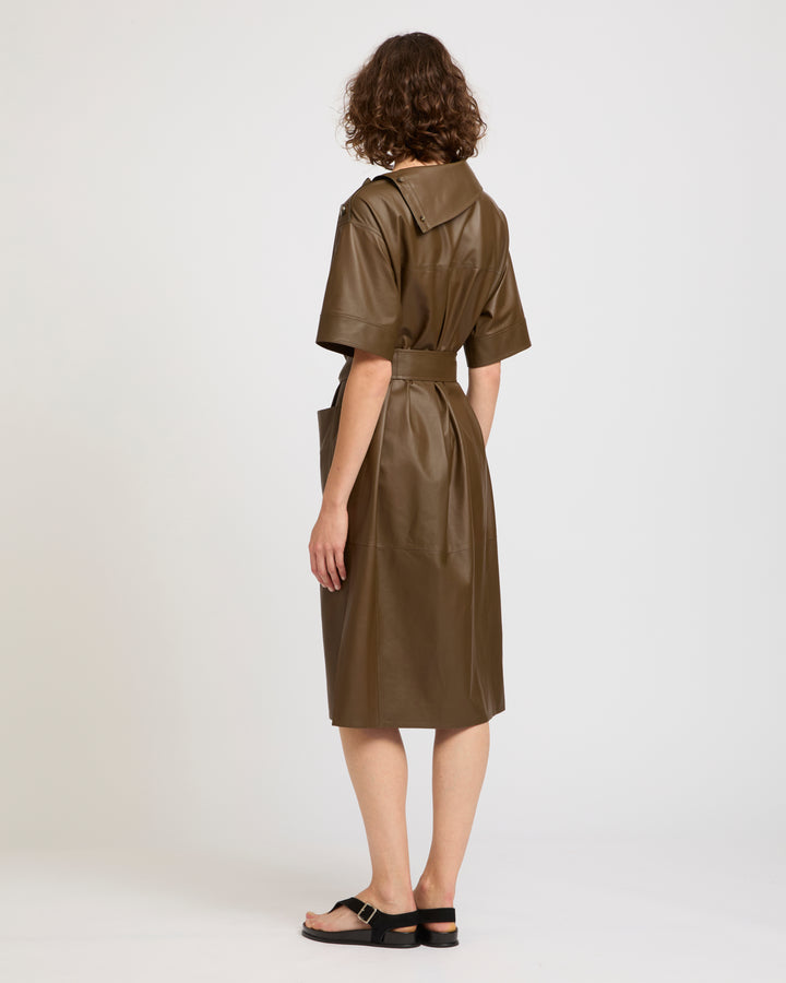Belted dress with asymmetric leather collar