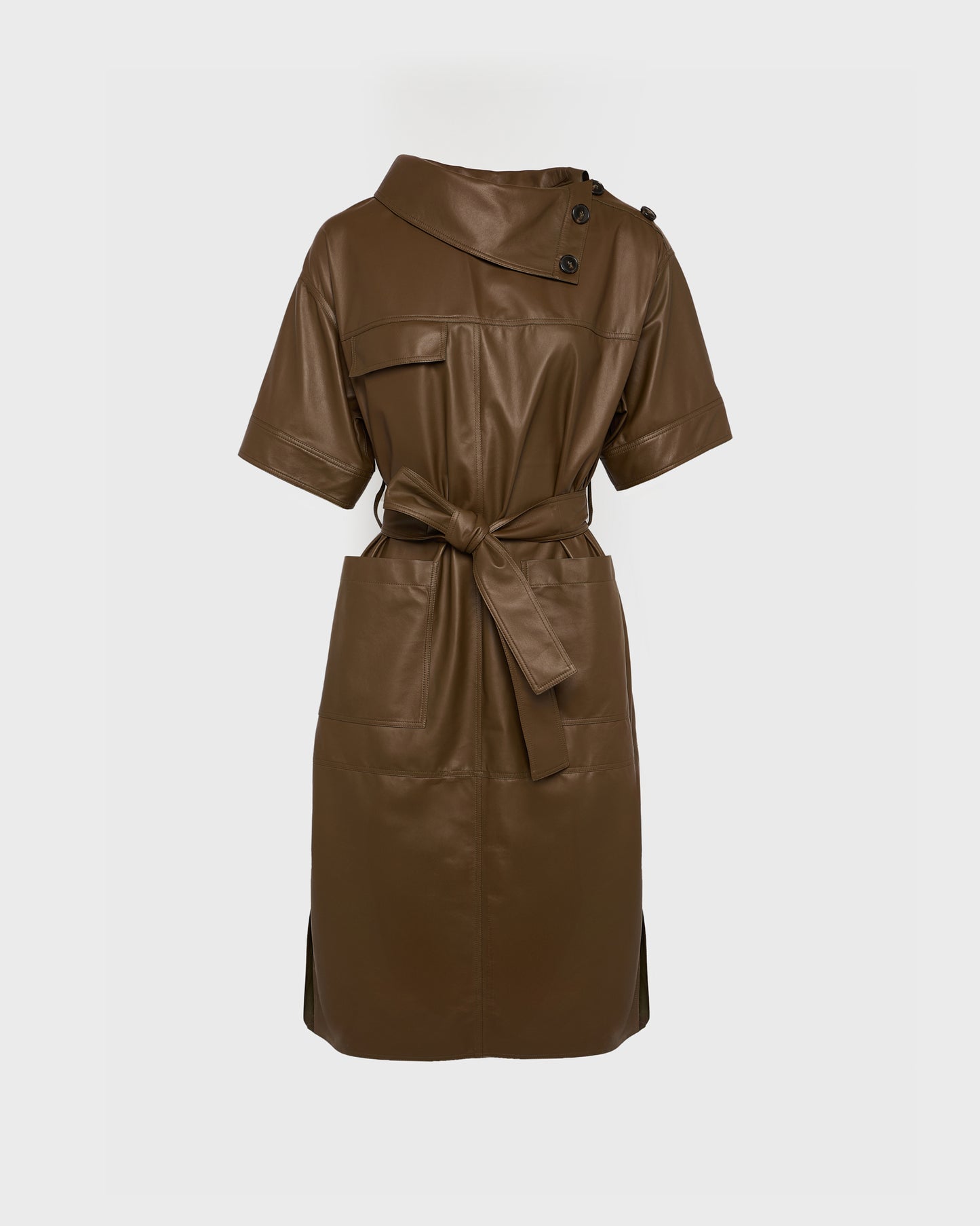 Belted dress with asymmetric leather collar