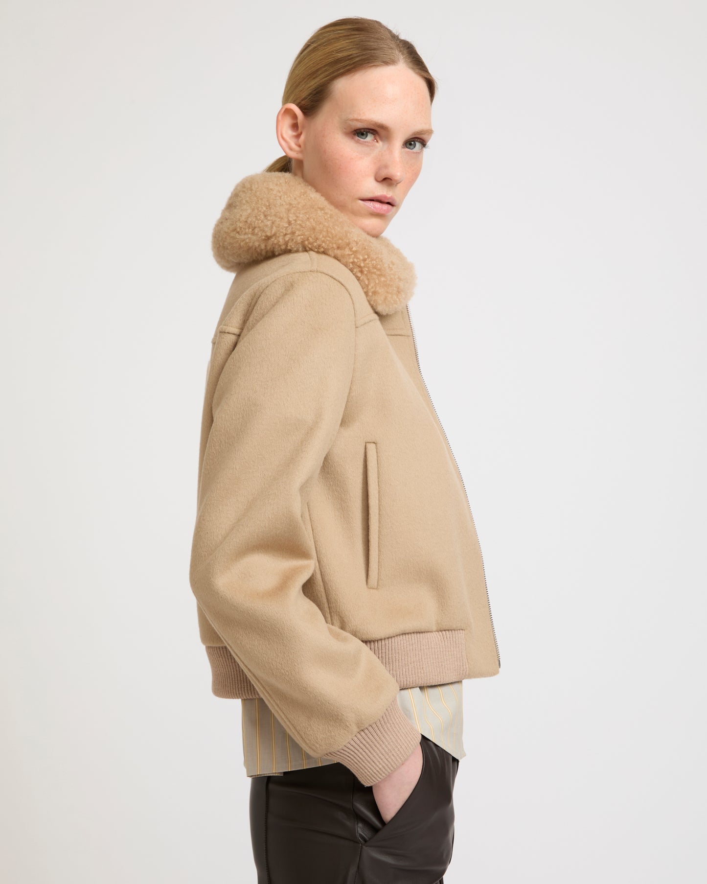 Cashmere-blend bomber jacket with removable lambskin collar