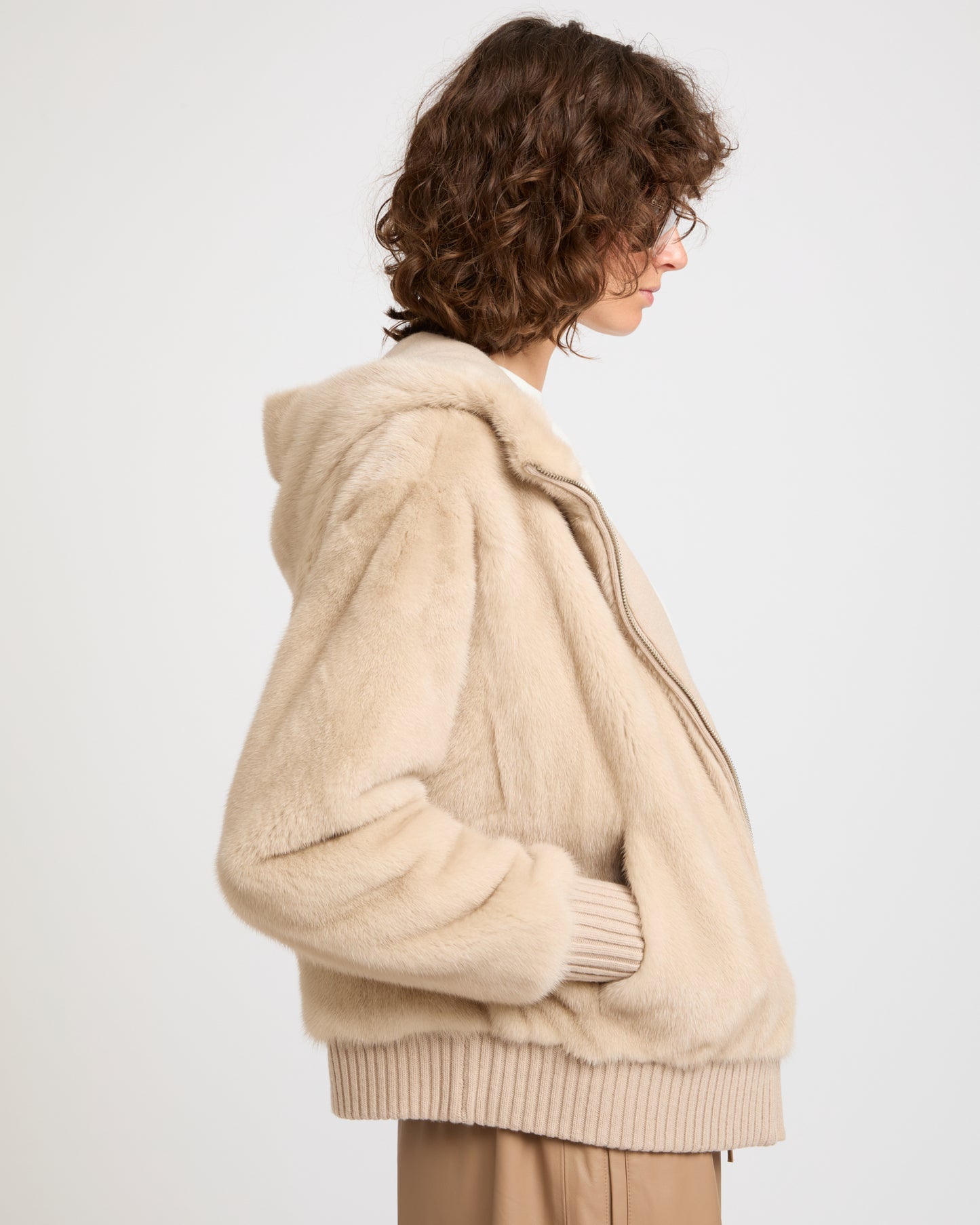 Merino knit and mink fur hooded blouson