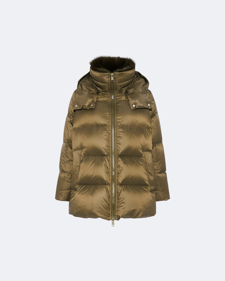 Iconic "A" line down jacket with fox fur collar