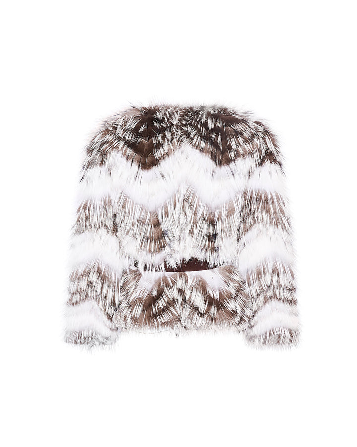 Belted jacket in merino knit and fox fur