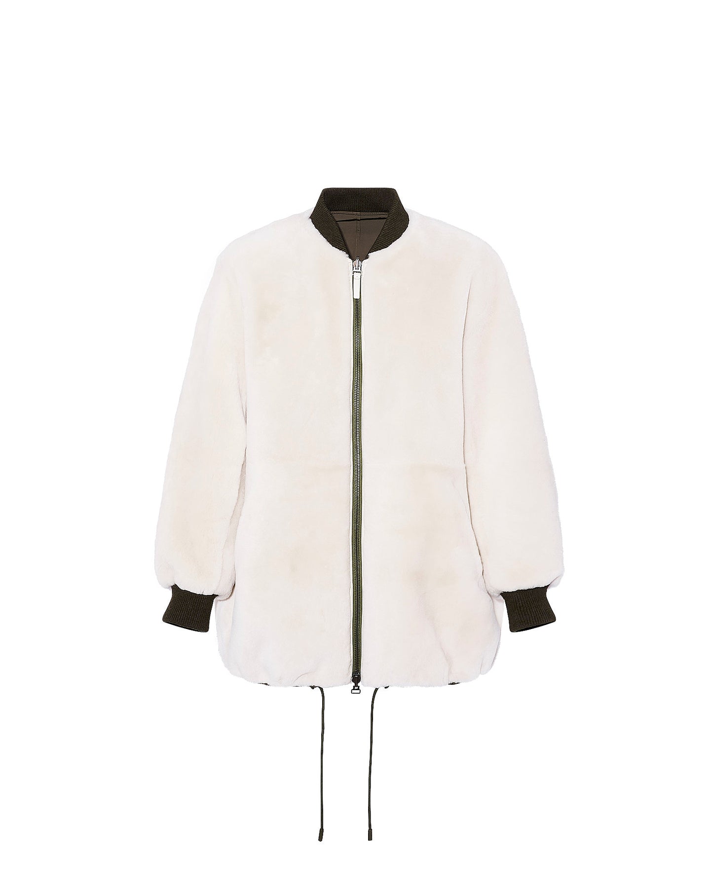 Long reversible varsity jacket in shearling and technical fabric
