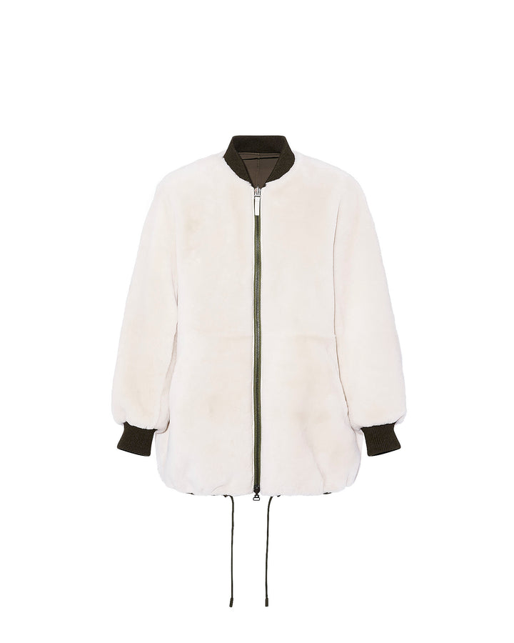 Long reversible varsity jacket in shearling and technical fabric