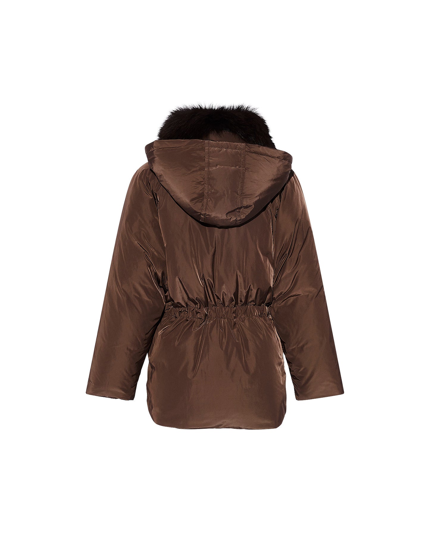 Technical fabric down cape with detachable fox fur collar