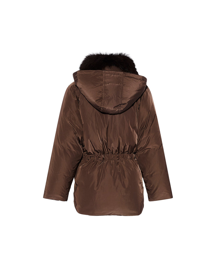 Technical fabric down cape with detachable fox fur collar