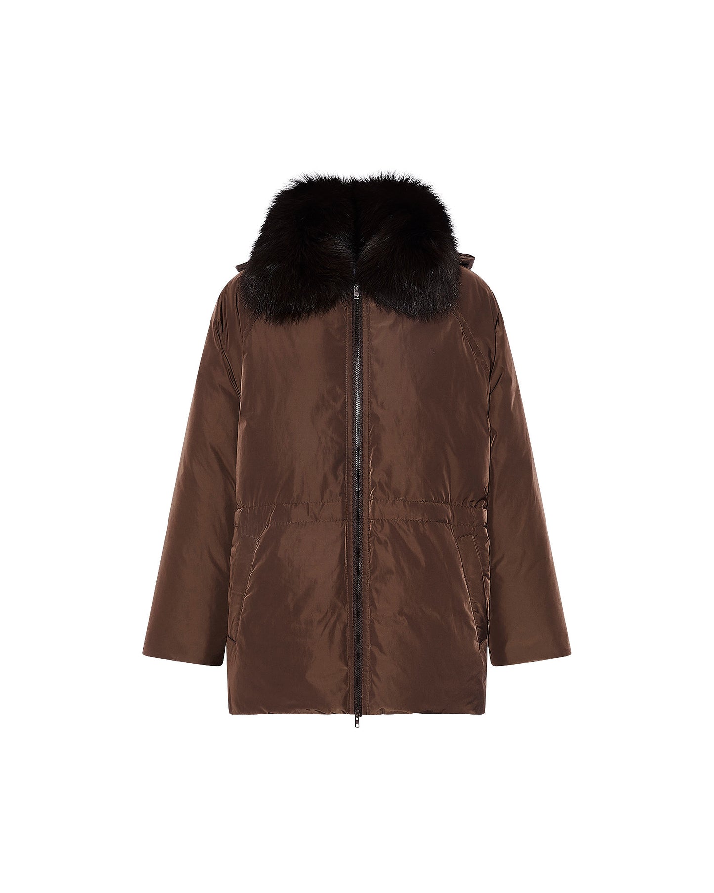 Technical fabric down cape with detachable fox fur collar