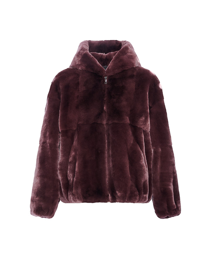 Hooded jacket in technical fabric reversible rex rabbit fur