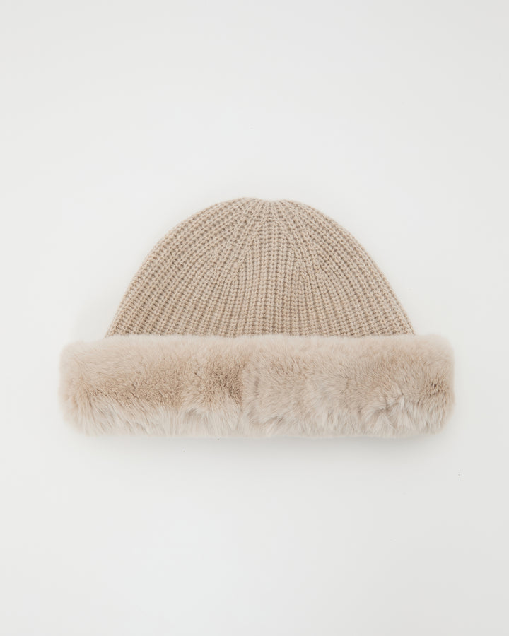 Cashmere and wool knit beanie with rex rabbit fur turn-up - Yves Salomon