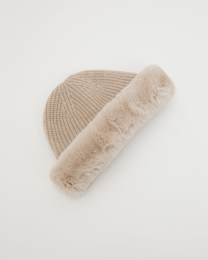 Cashmere and wool knit beanie with rex rabbit fur turn-up - Yves Salomon
