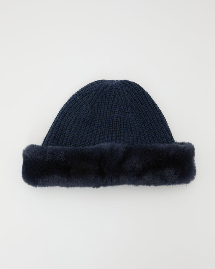 Cashmere and wool knit beanie with rex rabbit fur turn-up