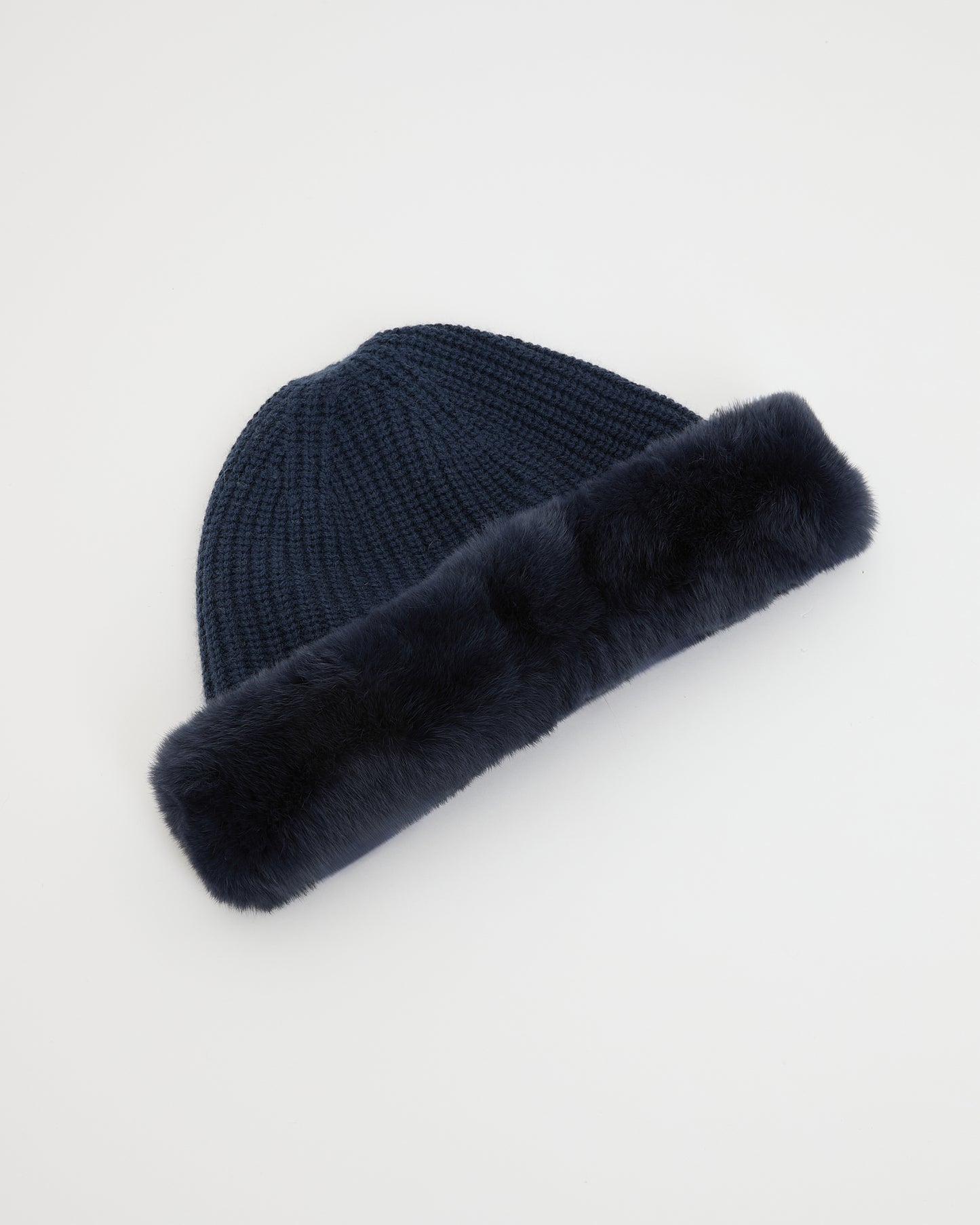 Cashmere and wool knit beanie with rex rabbit fur turn-up