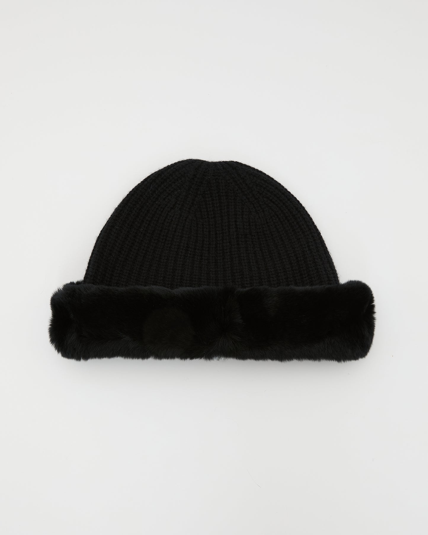 Cashmere and wool knit beanie with rex rabbit fur turn-up