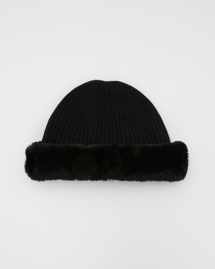 Cashmere and wool knit beanie with rex rabbit fur turn-up