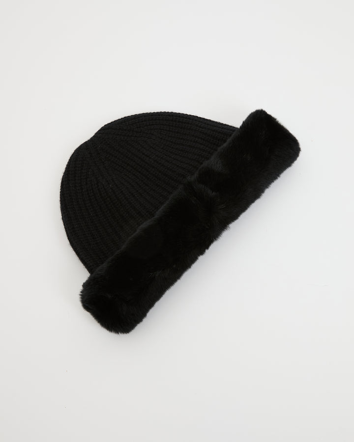 Cashmere and wool knit beanie with rex rabbit fur turn-up