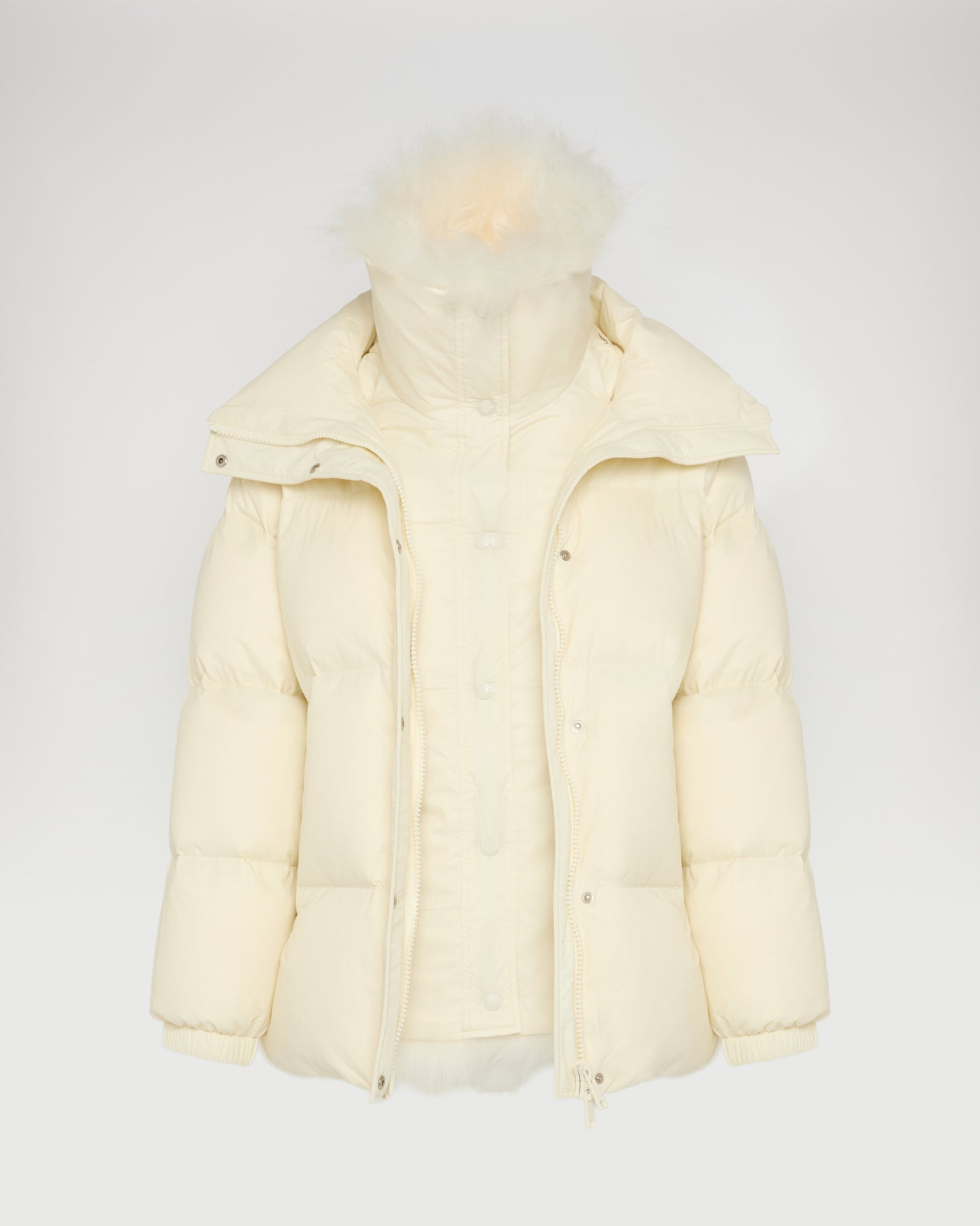 Mid-length down jacket with fluffy lambswool trim