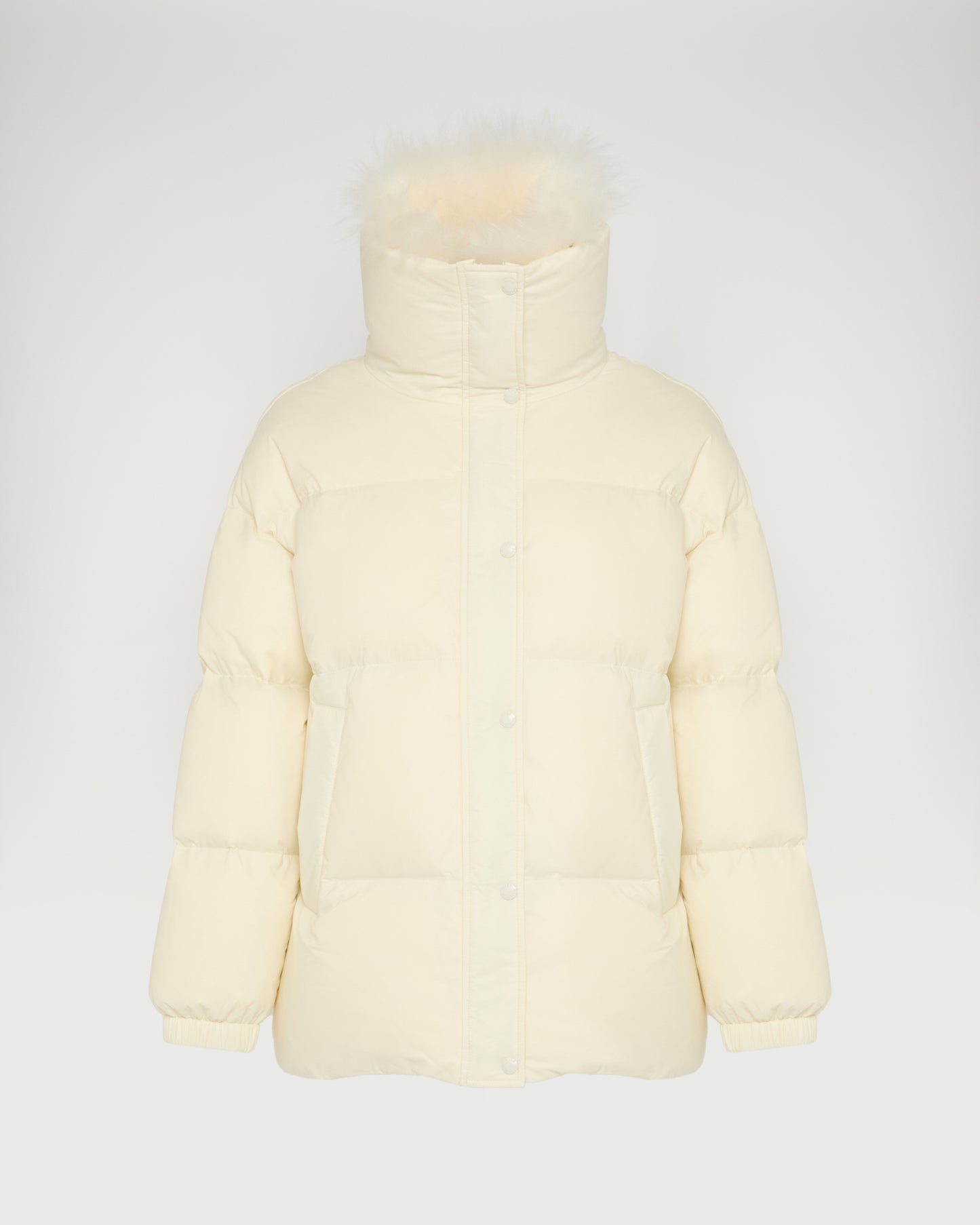 Mid-length down jacket with fluffy lambswool trim