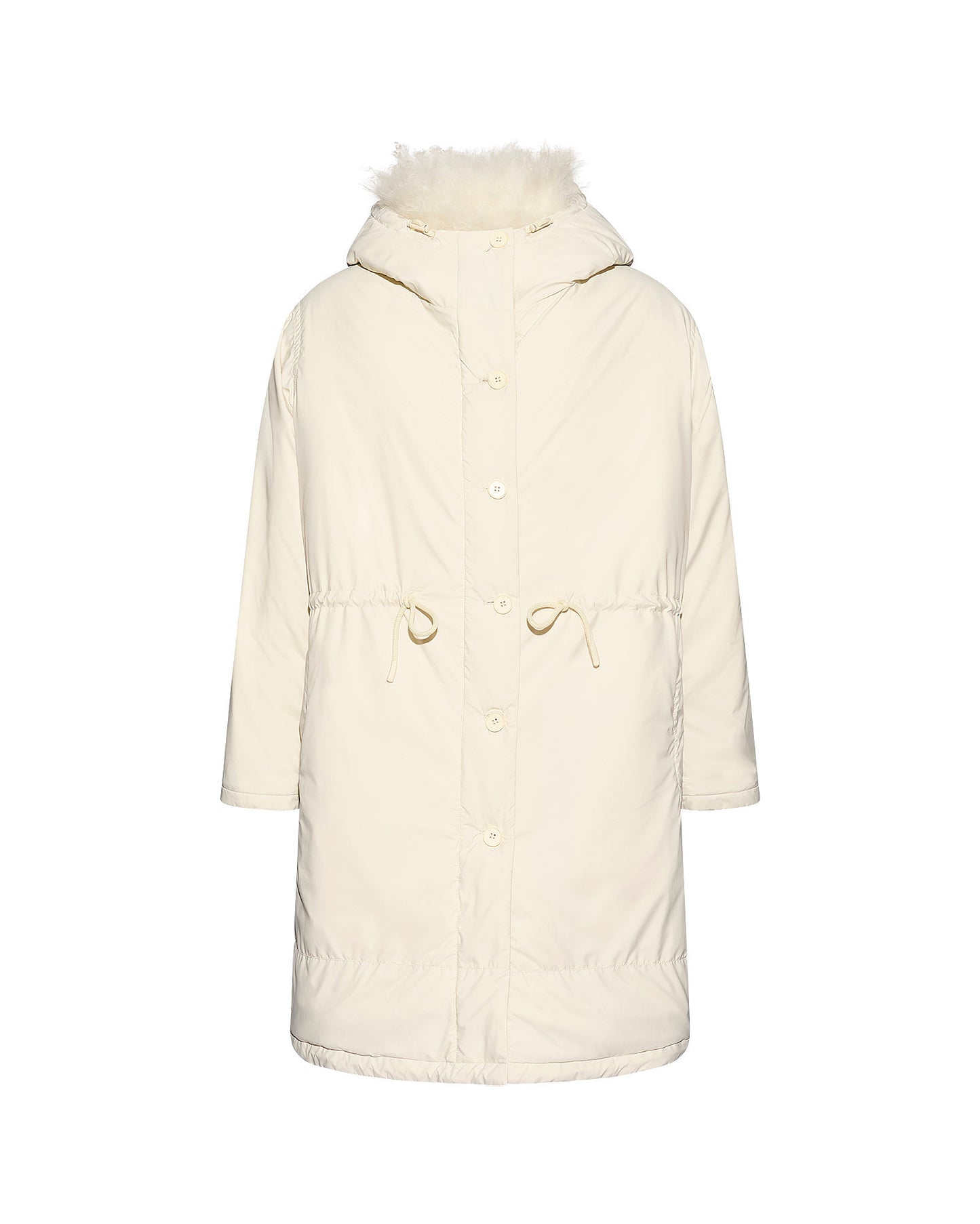 Ultra-light down parka with curly lambskin trim