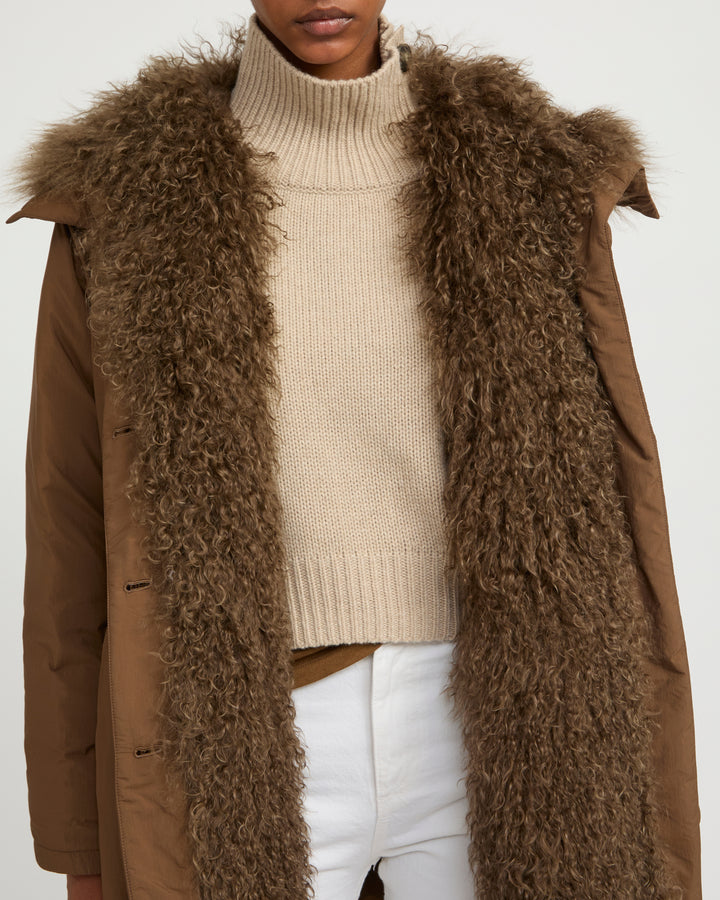 Ultra-light down parka with curly lambskin trim - Yves Salomon