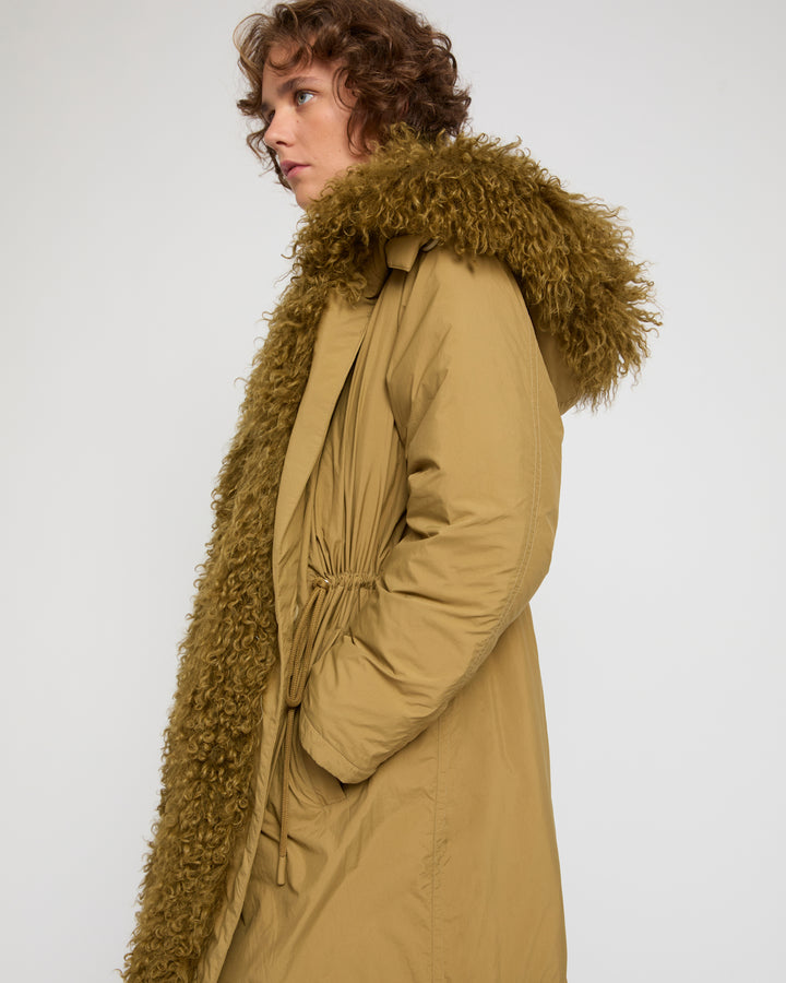 Ultra-light down parka with curly lambskin trim