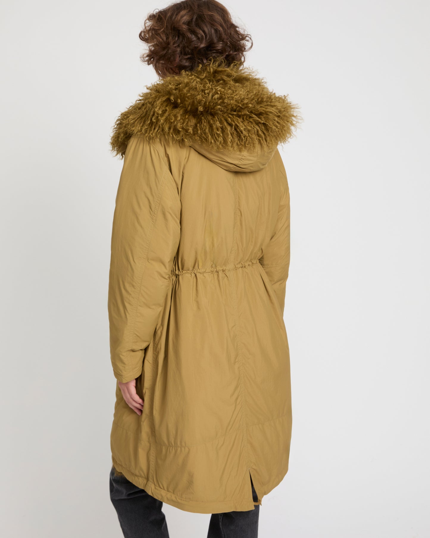 Ultra-light down parka with curly lambskin trim