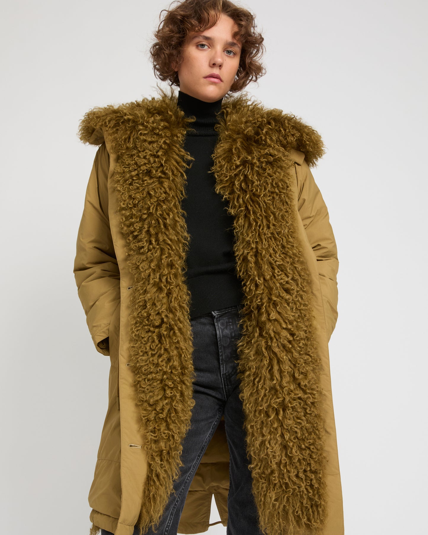 Ultra-light down parka with curly lambskin trim
