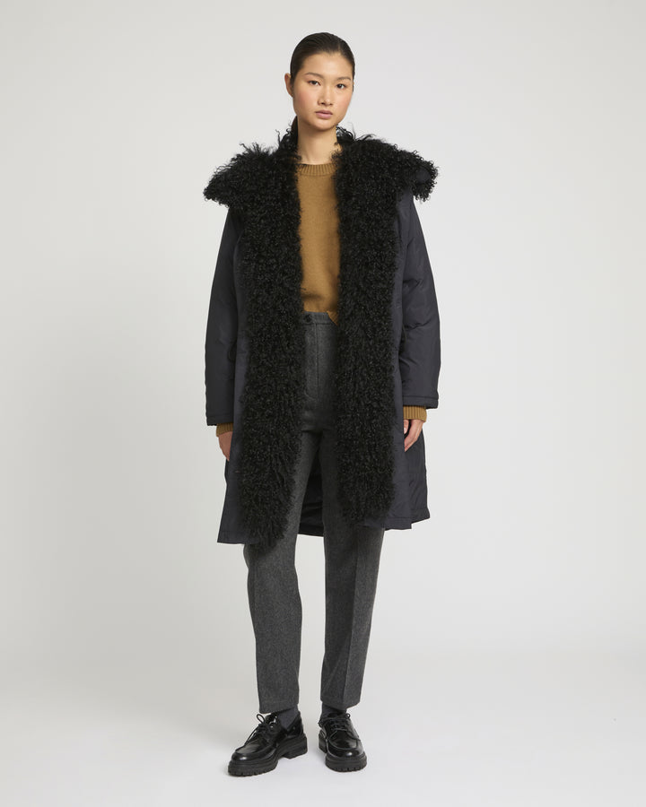 Ultra-light down parka with curly lambskin trim