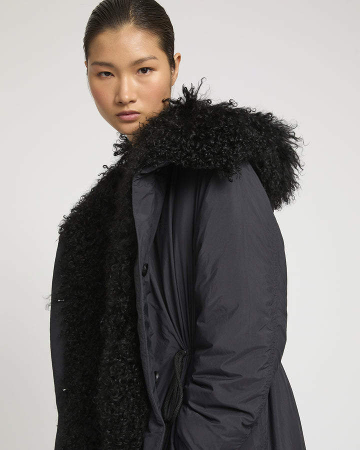 Ultra-light down parka with curly lambskin trim