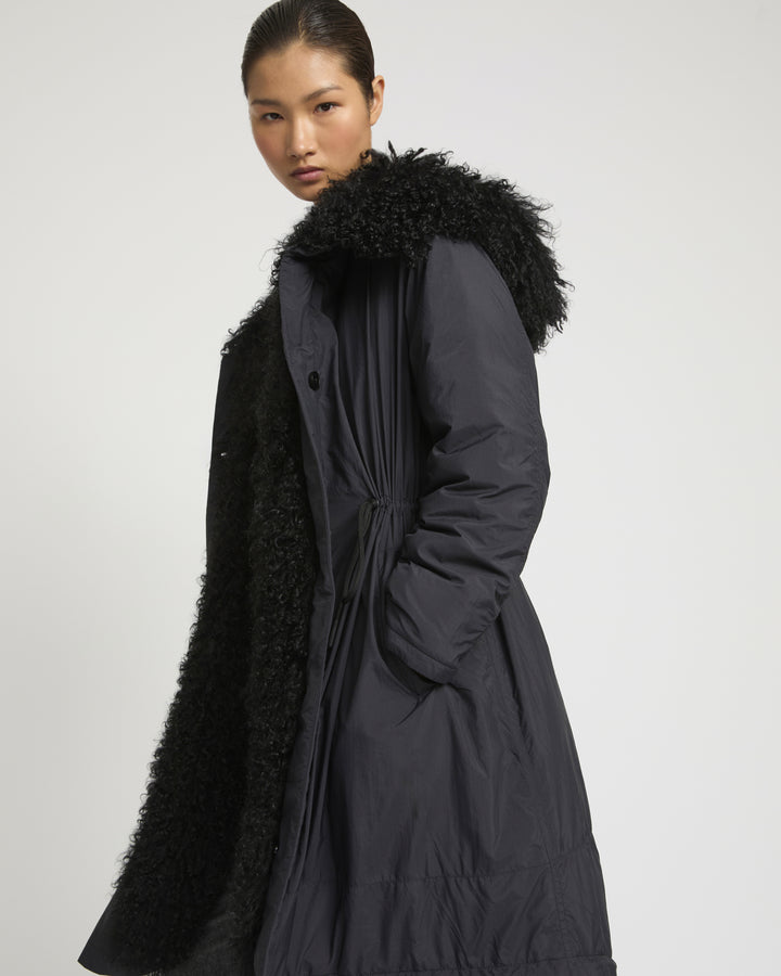 Ultra-light down parka with curly lambskin trim