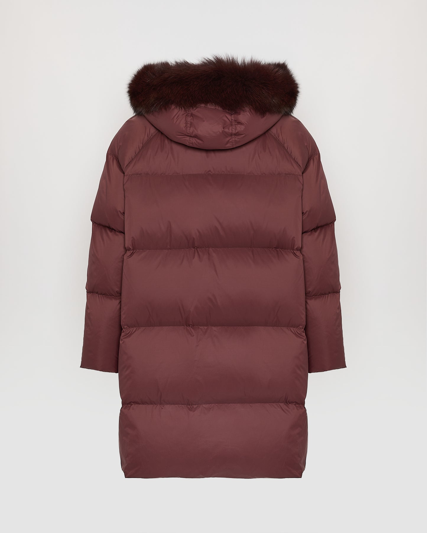 Long down jacket with raglan sleeves and fox fur trim