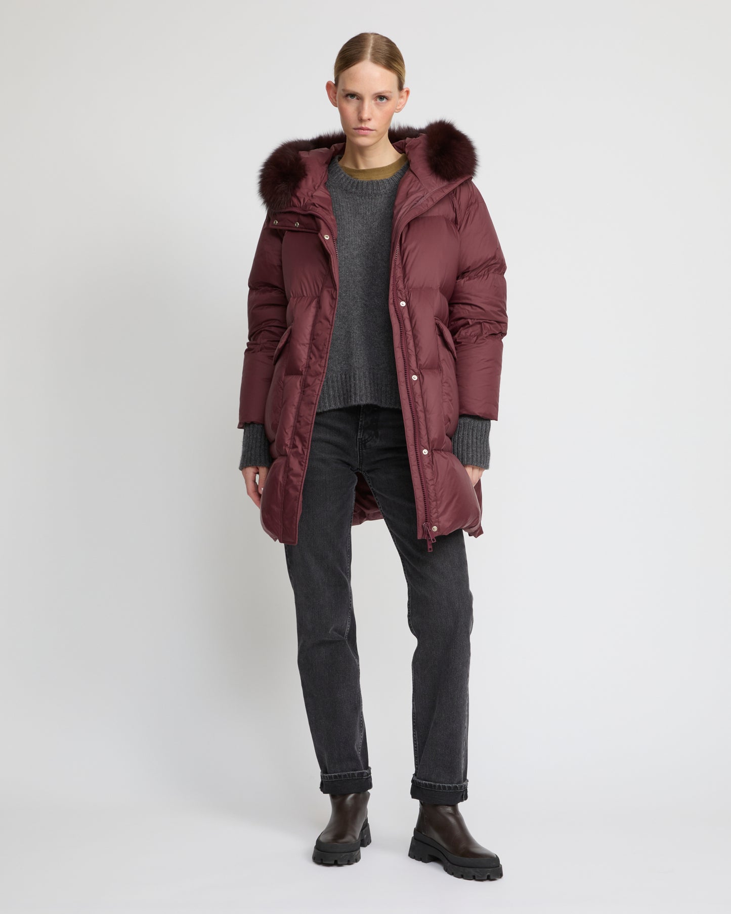 Long down jacket with raglan sleeves and fox fur trim