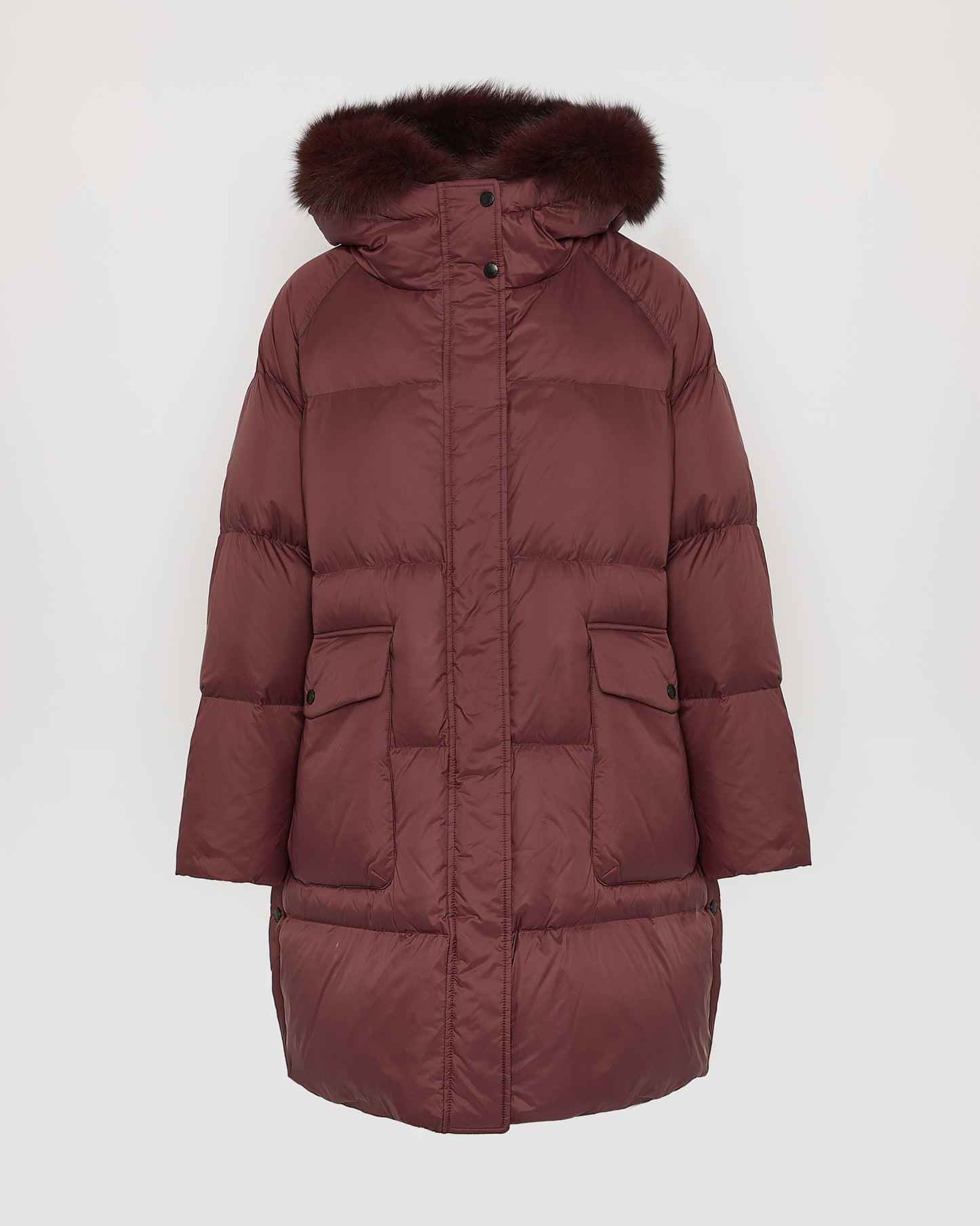 Long down jacket with raglan sleeves and fox fur trim