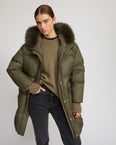 Long down jacket with raglan sleeves and fox fur trim