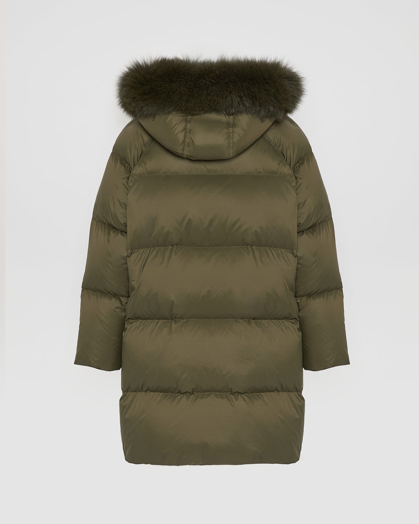 Long down jacket with raglan sleeves and fox fur trim