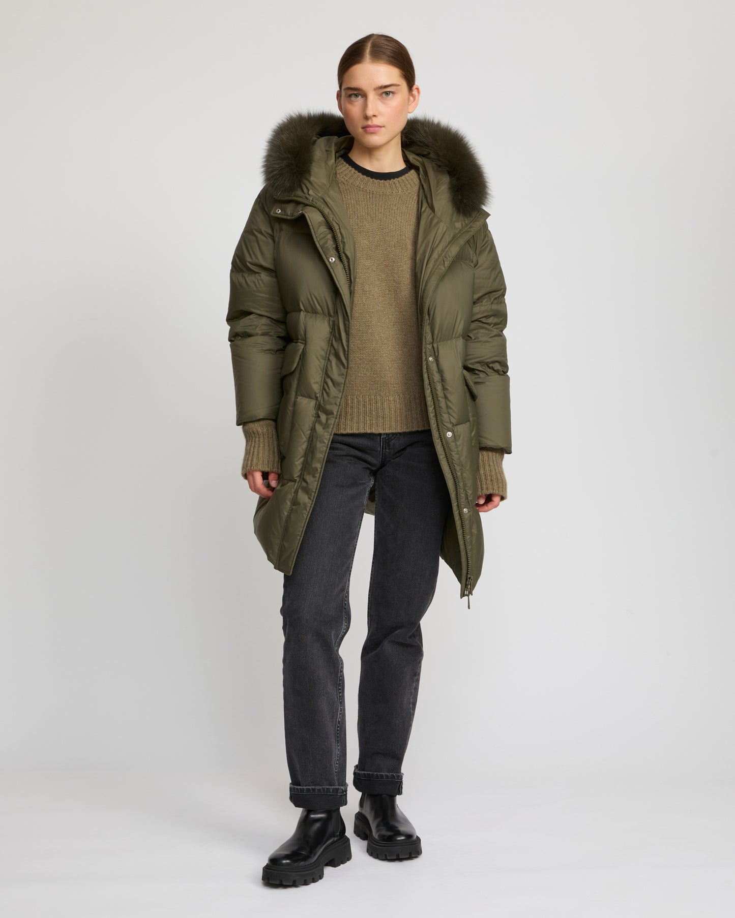 Long down jacket with raglan sleeves and fox fur trim