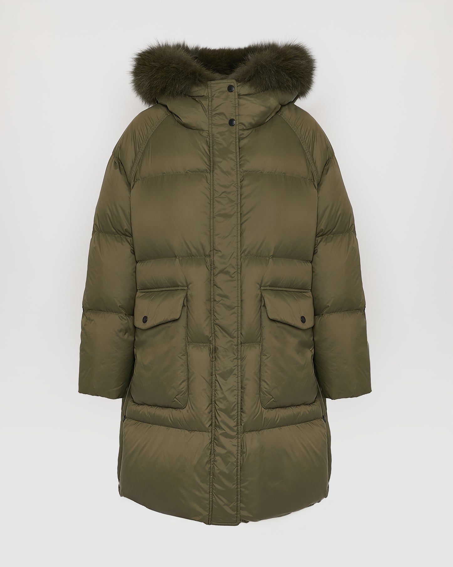 Long down jacket with raglan sleeves and fox fur trim