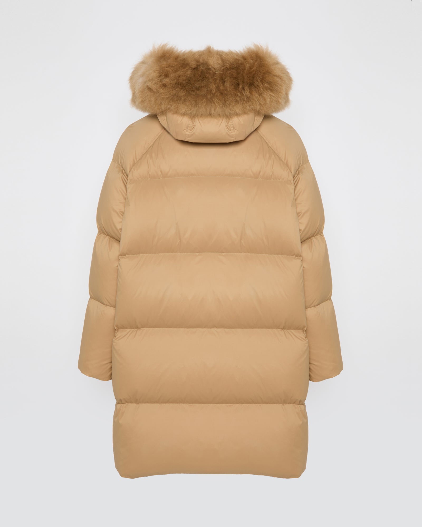 Long down jacket with raglan sleeves and fluffy lambswool trim