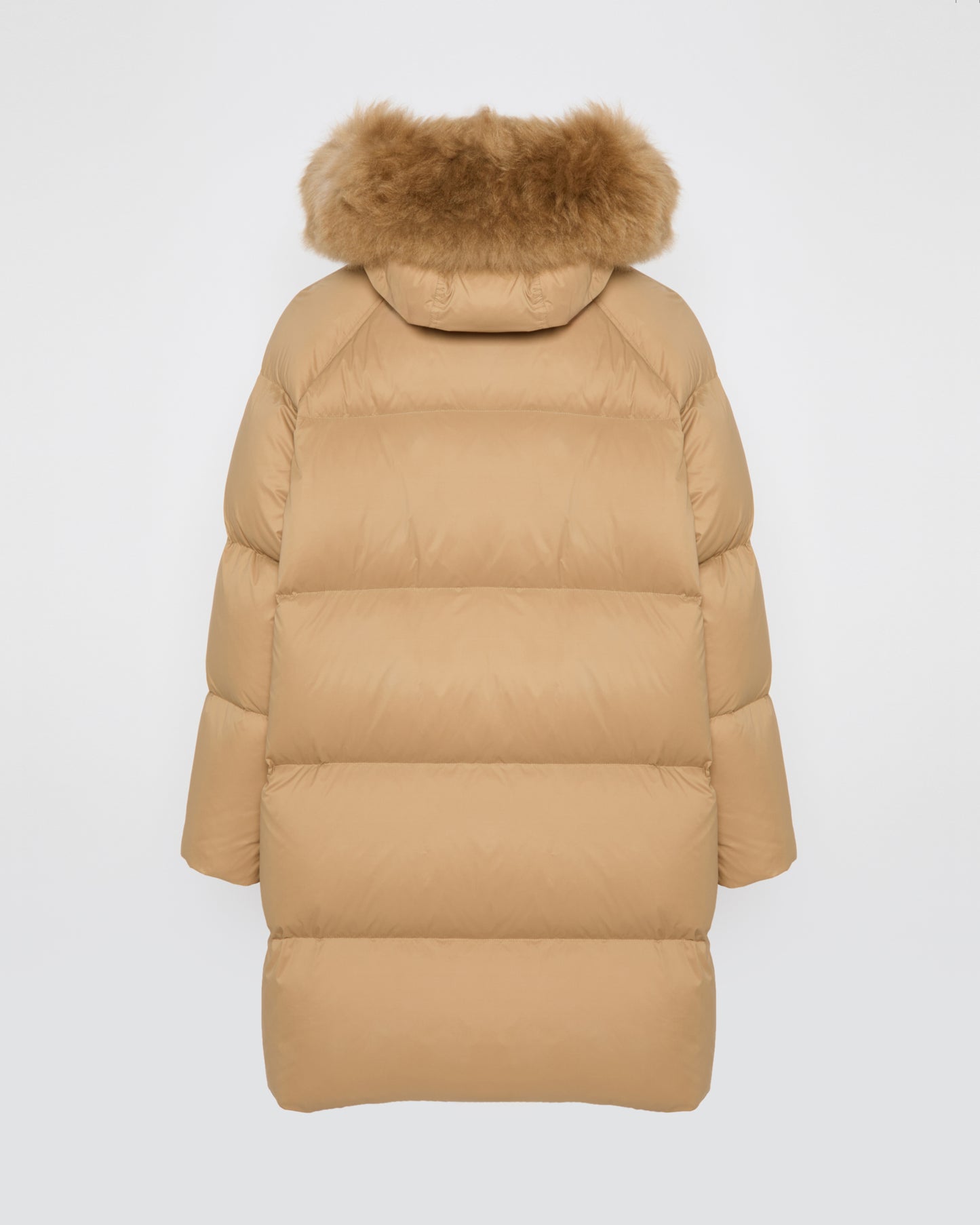 Long down jacket with raglan sleeves and fluffy lambswool trim