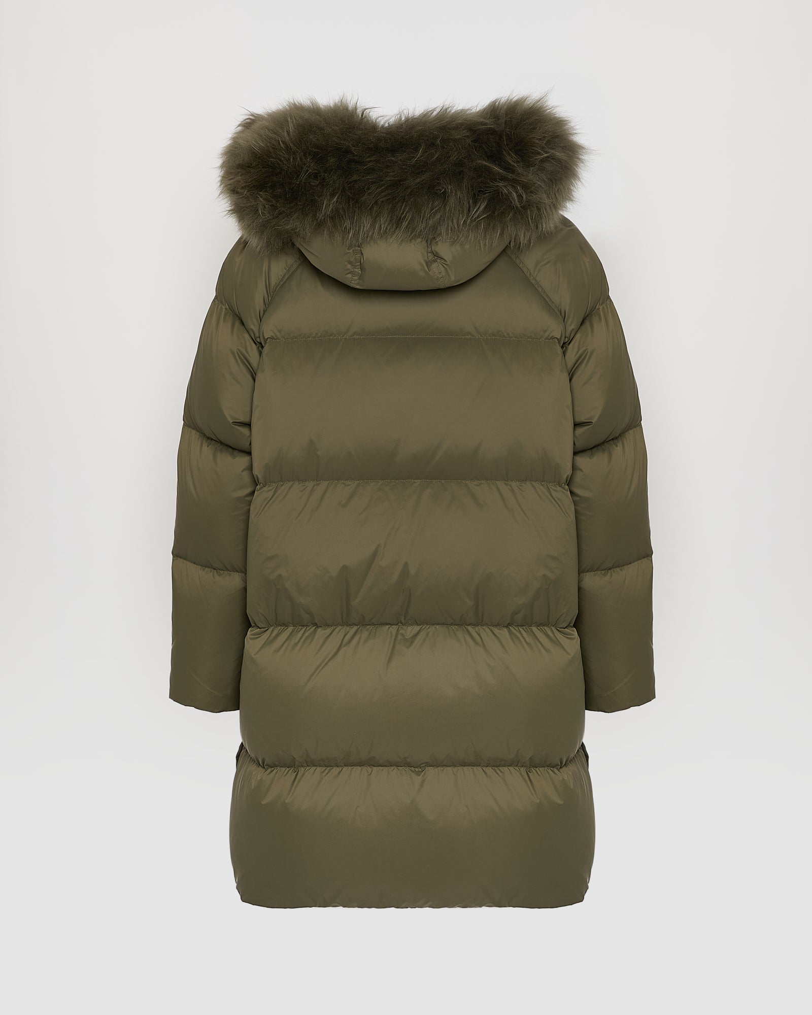Long down jacket with raglan sleeves and fluffy lambswool trim - Yves Salomon