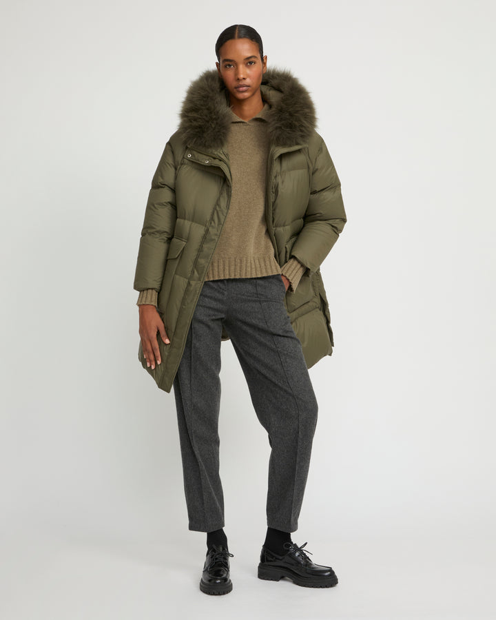 Long down jacket with raglan sleeves and fluffy lambswool trim