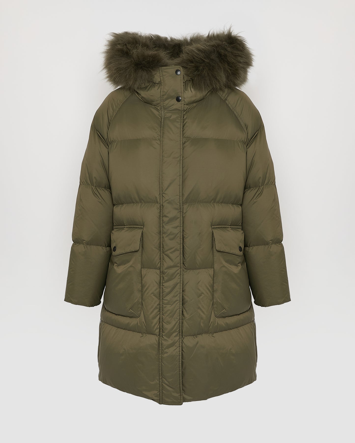 Long down jacket with raglan sleeves and fluffy lambswool trim - Yves Salomon