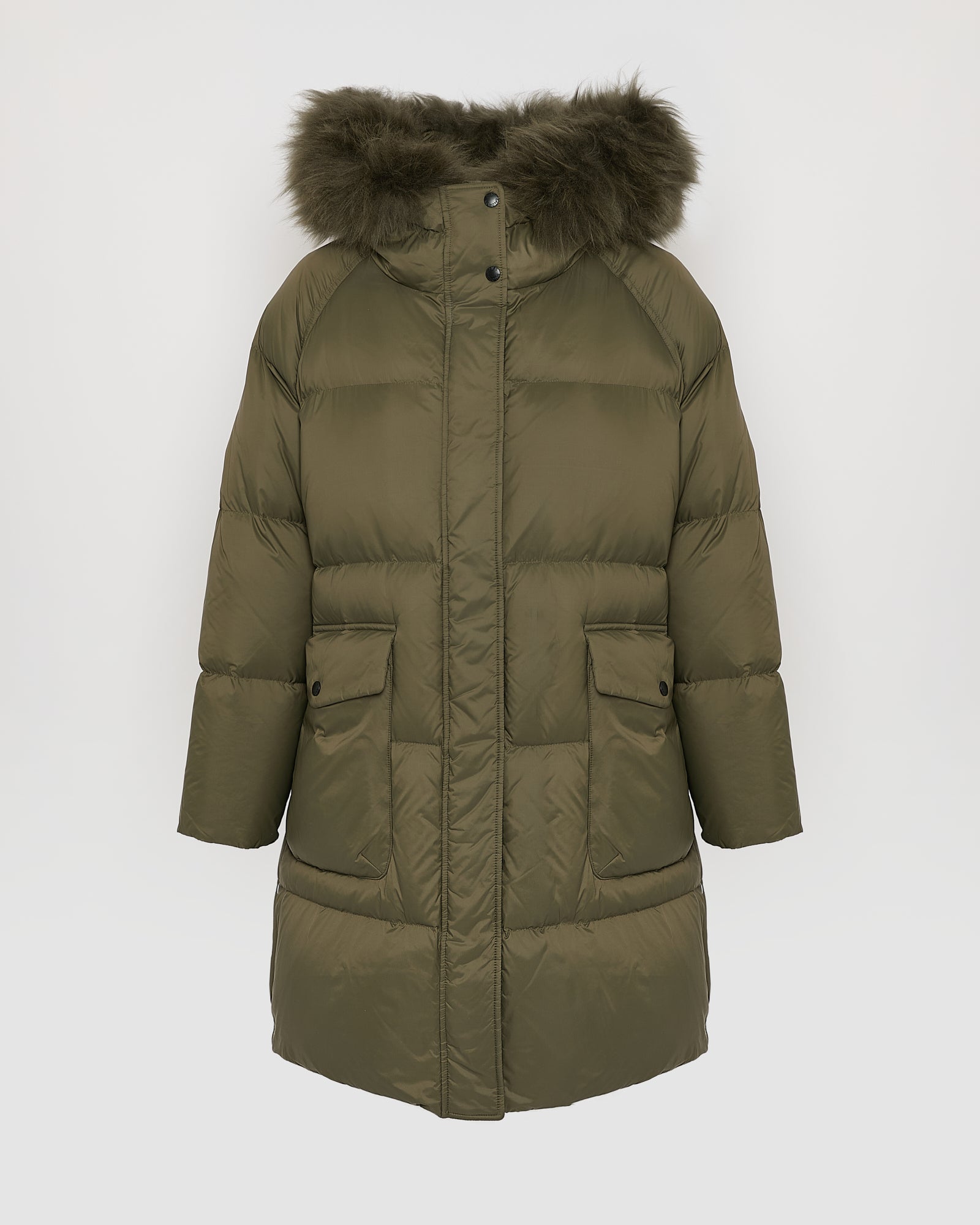 Long down jacket with raglan sleeves and fluffy lambswool trim - Yves Salomon