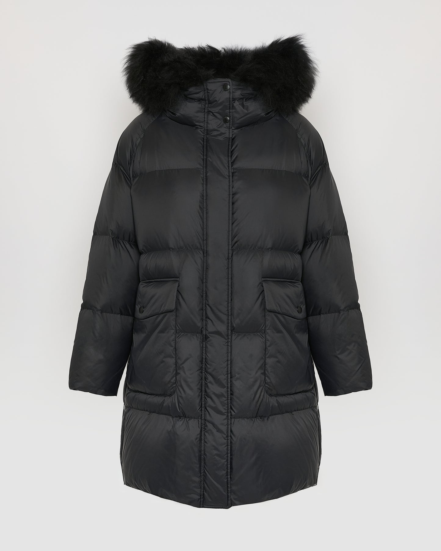 Long down jacket with raglan sleeves and fluffy lambswool trim