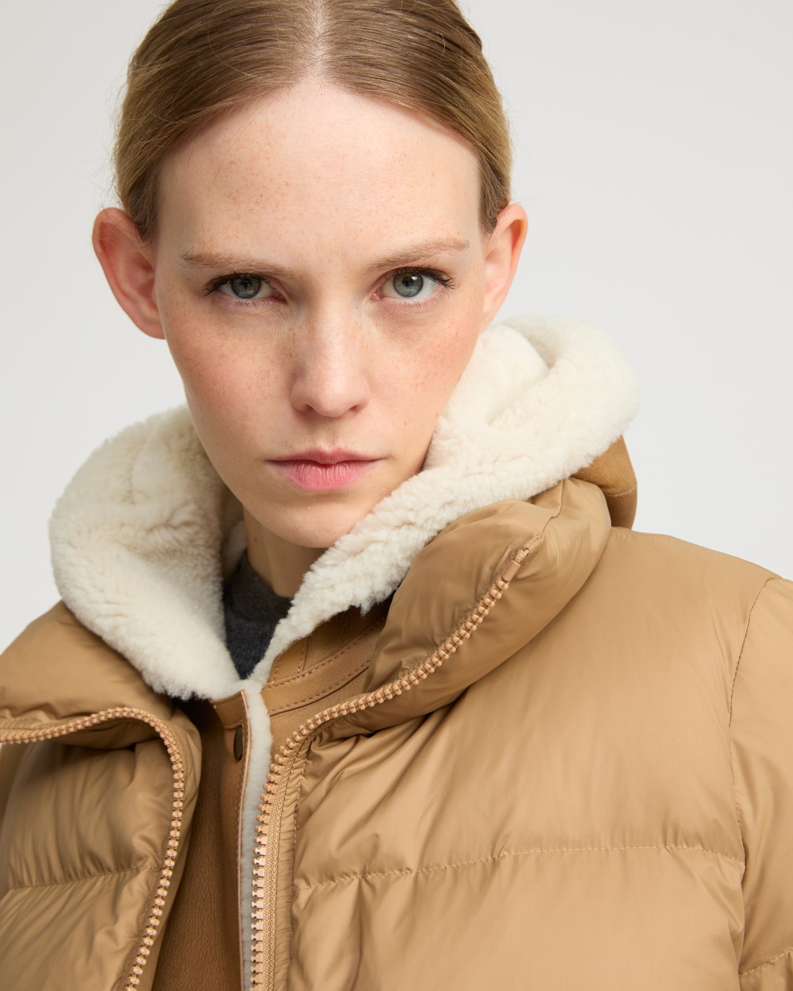 "A" line down jacket with lambskin shearling bib - Yves Salomon