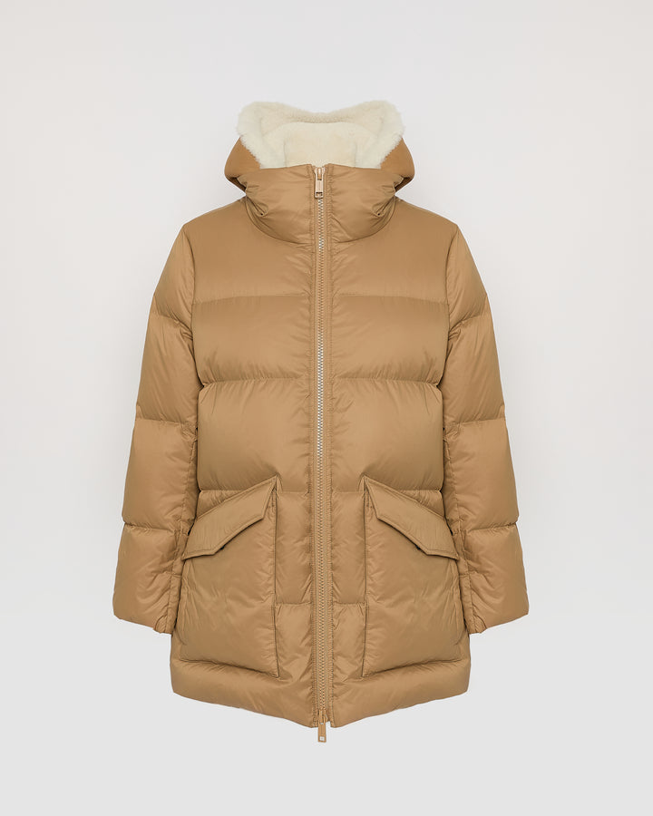 "A" line down jacket with lambskin shearling bib