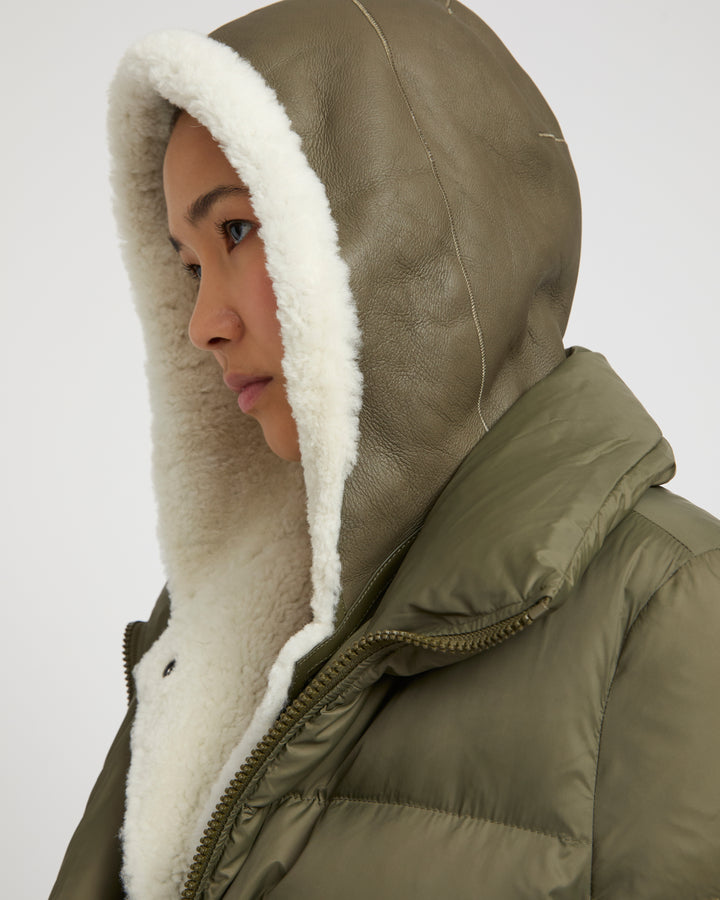 "A" line down jacket with lambskin shearling bib